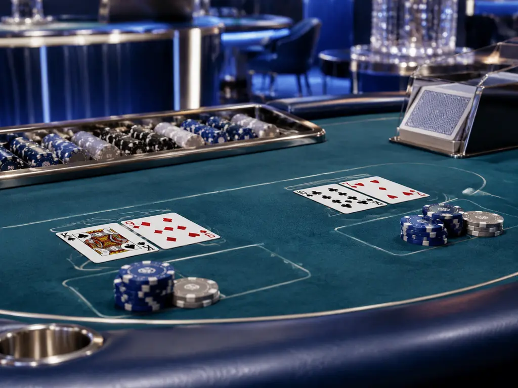 Meja baccarat dengan kartu, sepatu kartu, dan chip.