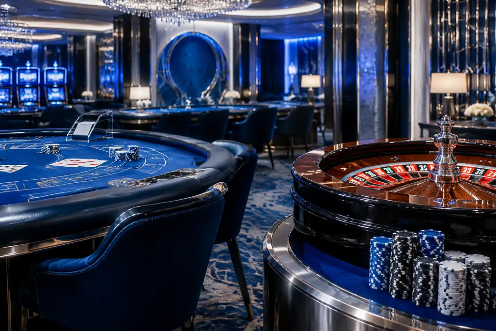 Interior casino bernuansa biru kobalt dengan meja kartu dan area roulette.