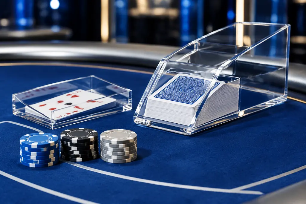 Sepatu kartu dan tumpukan kartu pada meja baccarat.