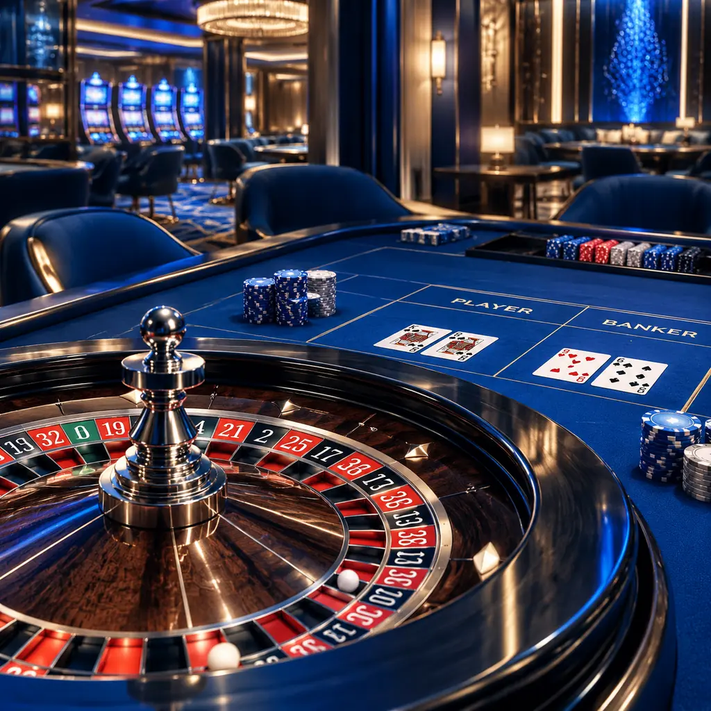 Ruang kasino bernuansa kobalt dengan roda roulette dan meja kartu.