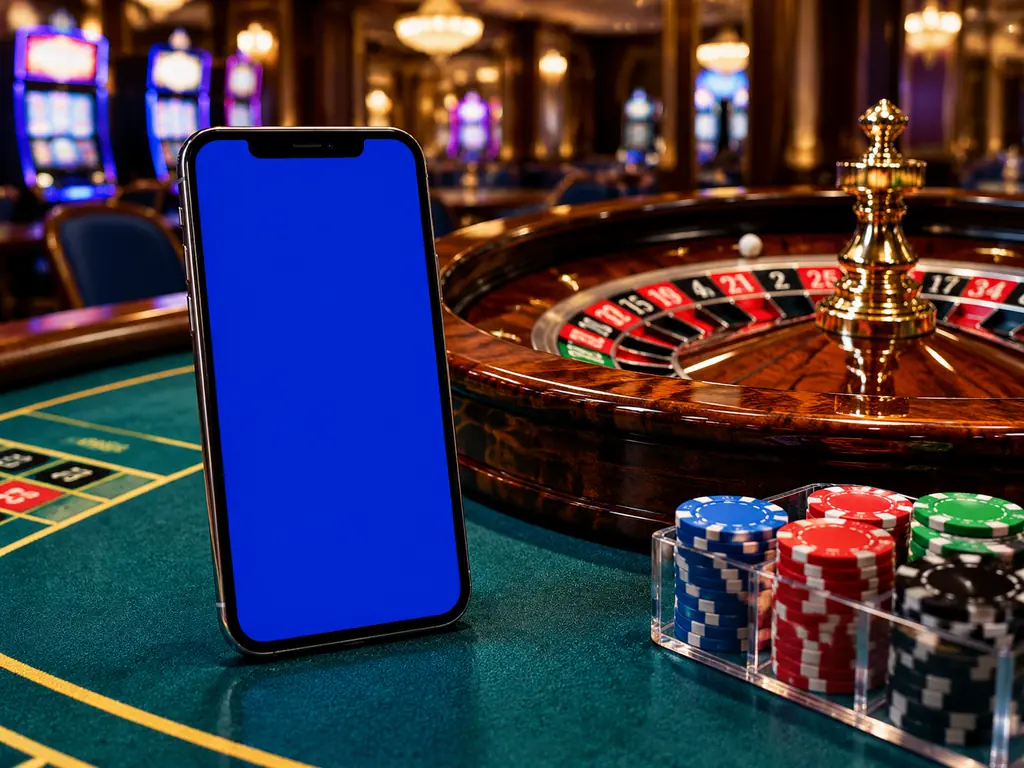 Ponsel dengan layar netral di dekat roda roulette kasino.