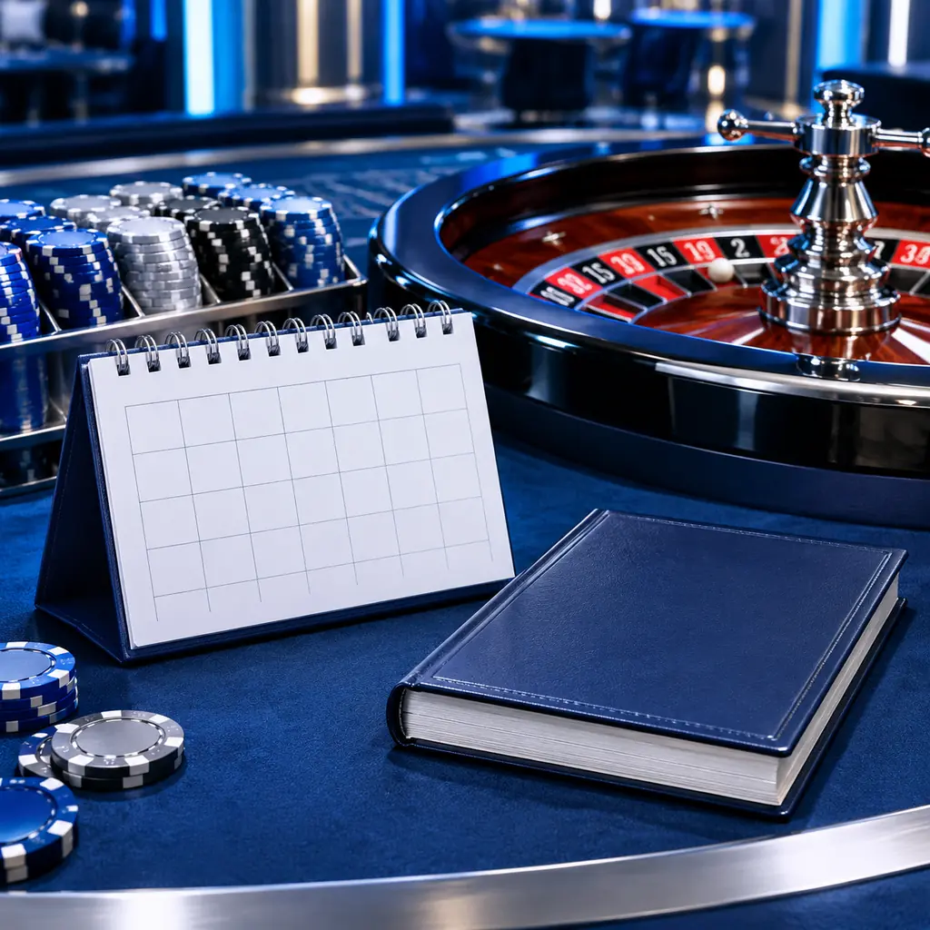 Kalender tanpa tulisan dan buku aturan dekat meja kasino.