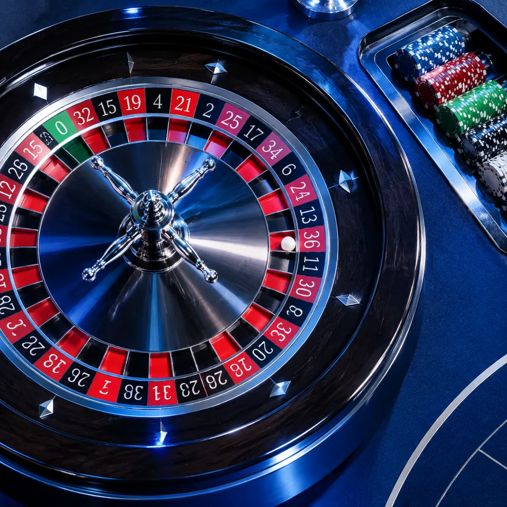 Tampak atas roda roulette dengan baki chip.