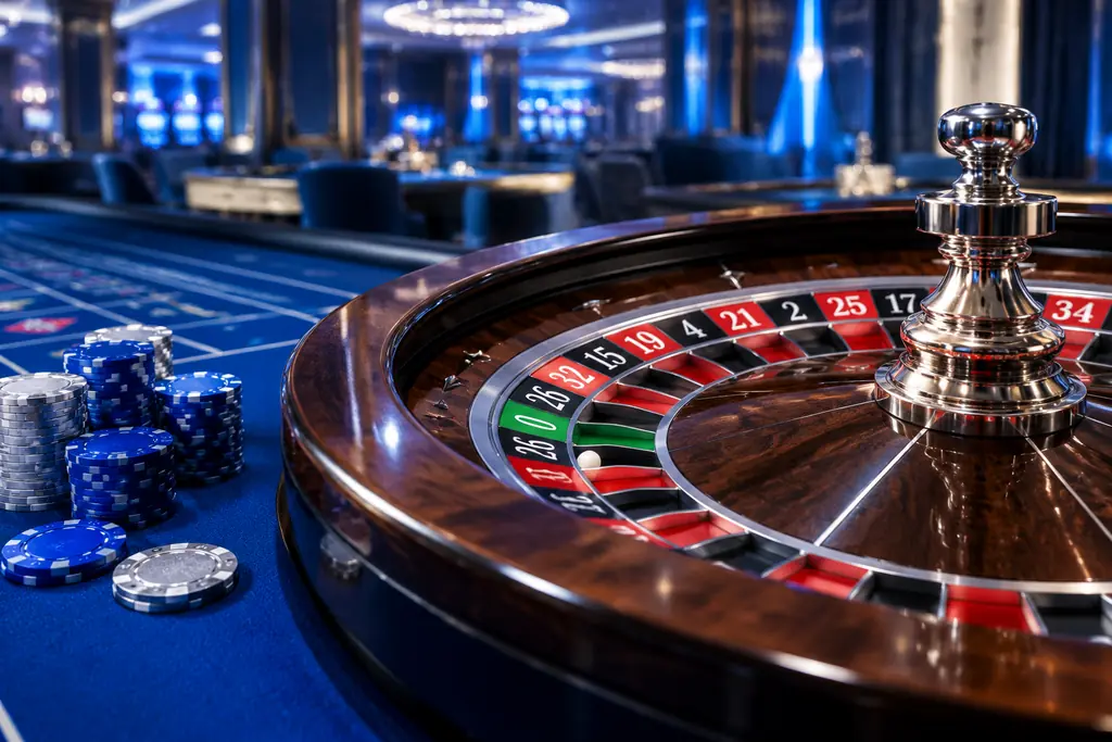 Roda roulette dan chip pada meja kasino.