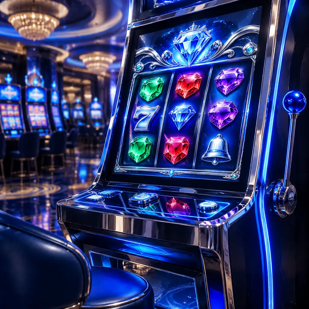 Mesin slot bertema permata di ruang kasino.